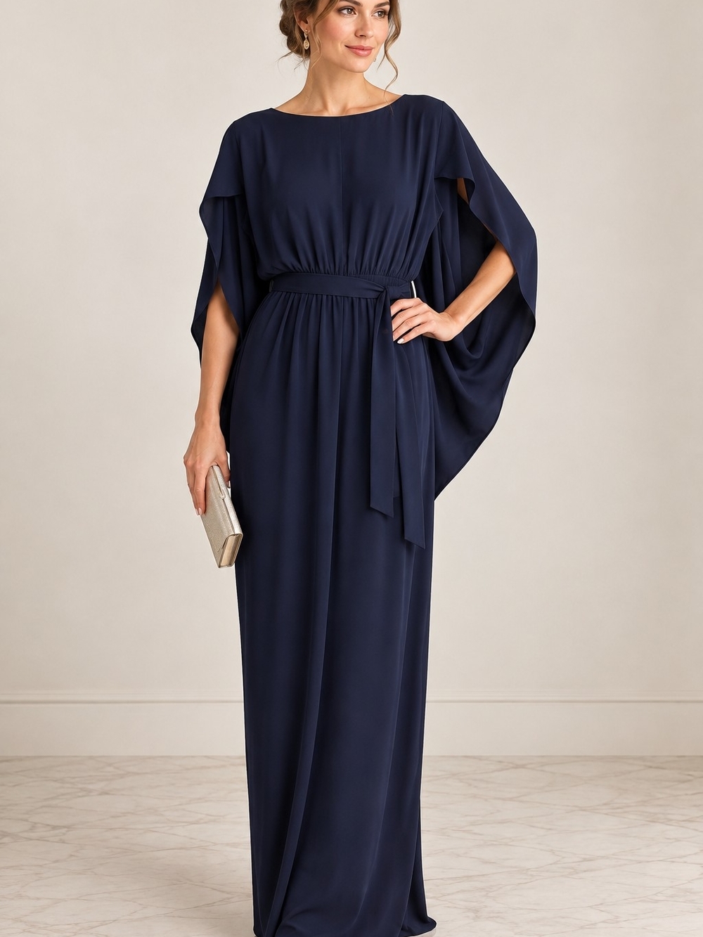 HALSTON Navy Blue Cape Sleeve Maxi Gown Belted Dress Size 0 MSRP $545